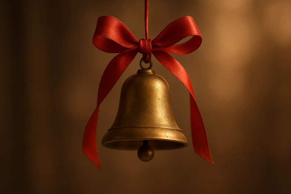 Медный колокол, украшенный красным бантом, на размытом фоне