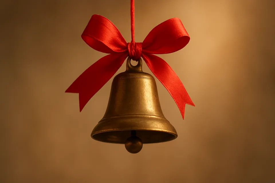 Золотой звонок, обвязанный красной лентой, на нейтральном фоне