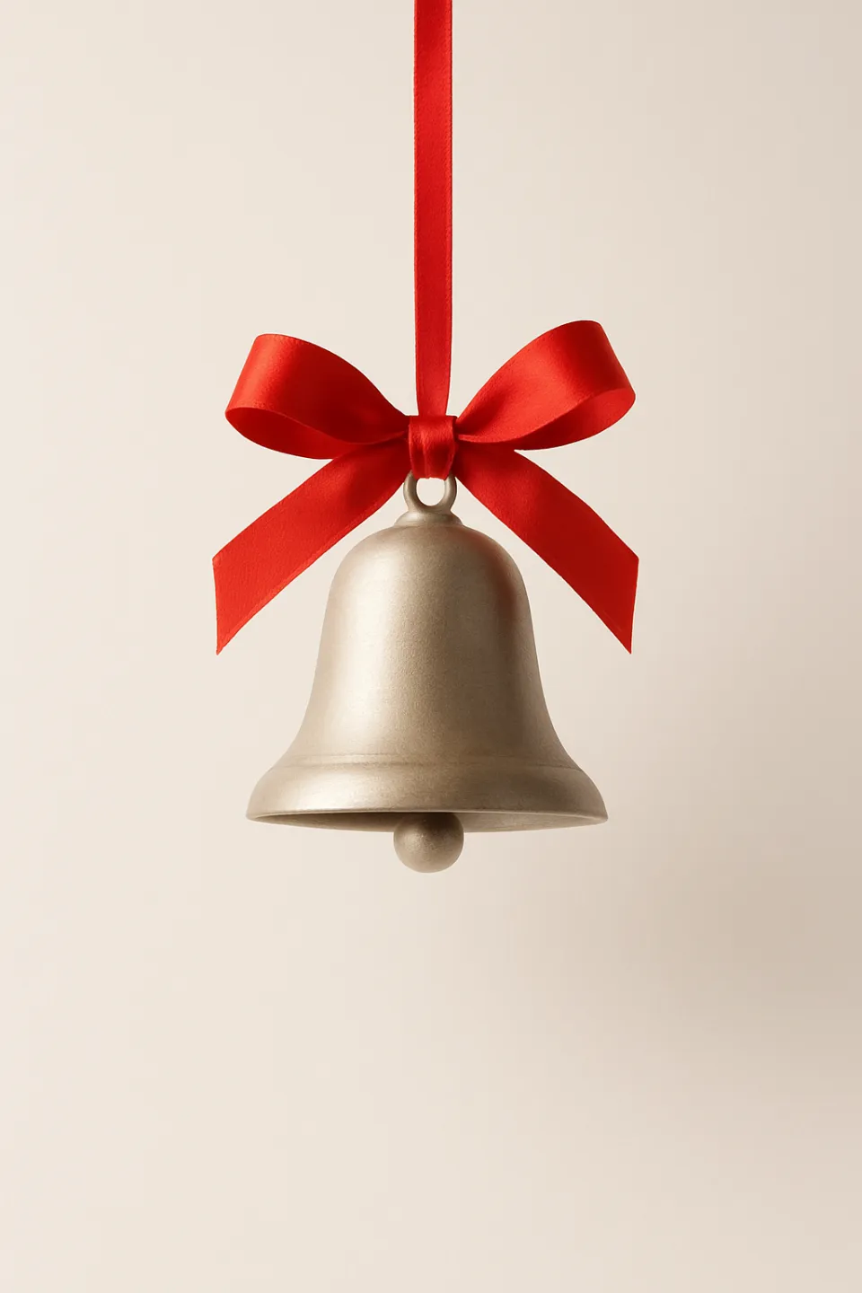 Элегантный металлический звонок с красным бантом, подвешенный на фоне