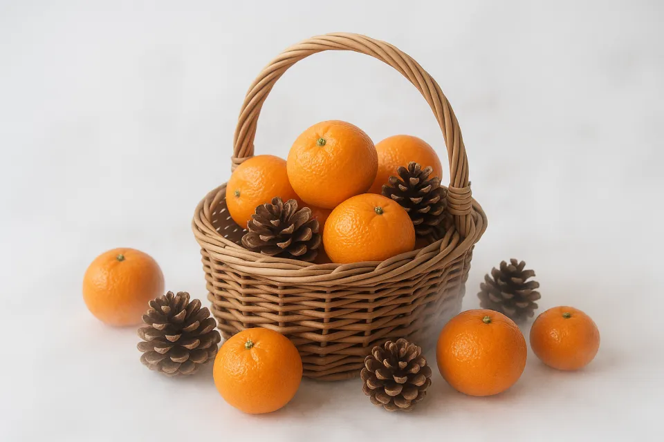 Плетеная корзина, полная апельсинов и шишек, на белом фоне