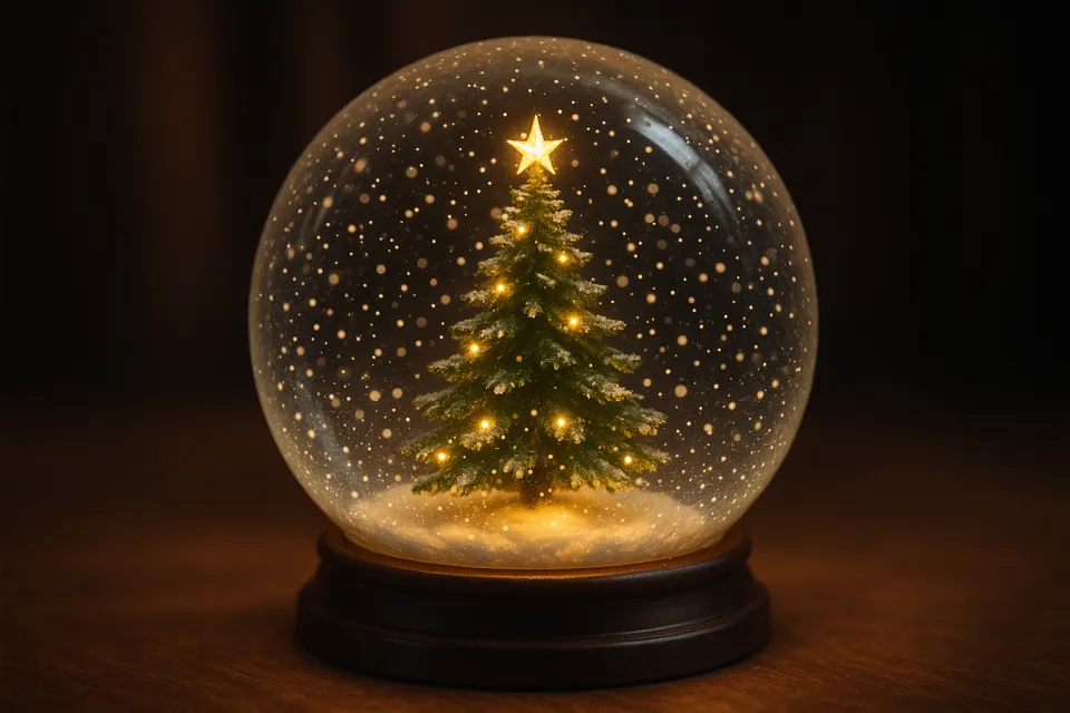 Красивый снежный шар с зеленой елкой и мерцающими огоньками внутри