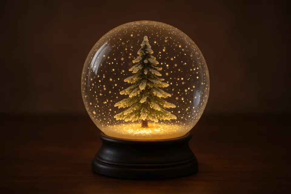 Снежный шар, внутри которого расположена елка, светится мягким светом