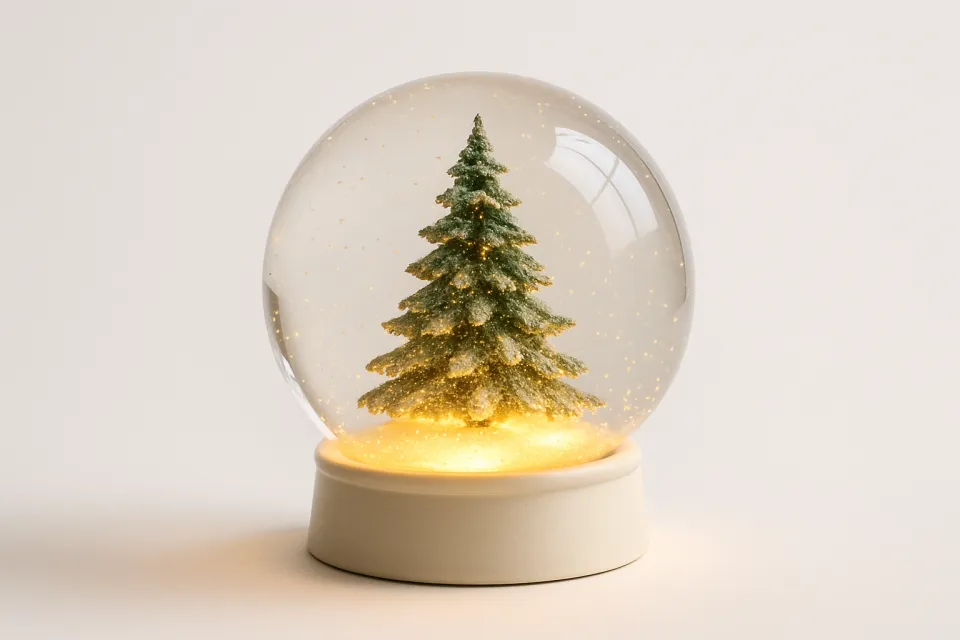 Изображение снежного шара, внутри которого расположена рождественская елка