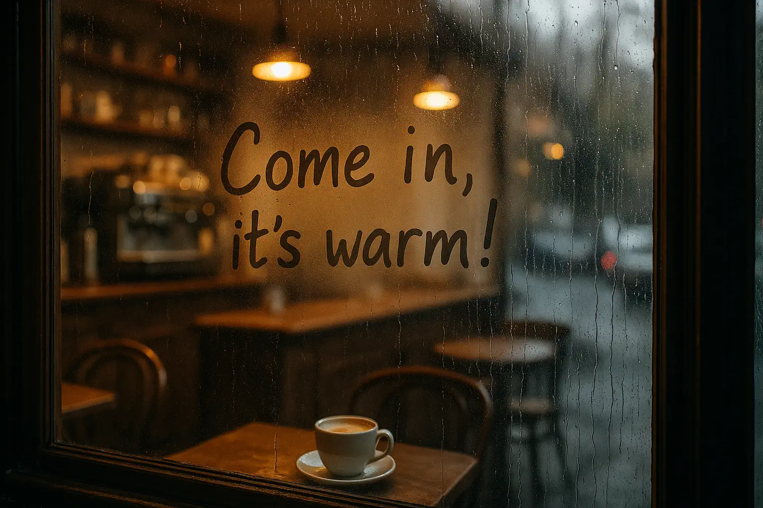 Жаңбырлы күні жайлы кафенің «Come in, it's warm!» деп жазылған булы терезесі.