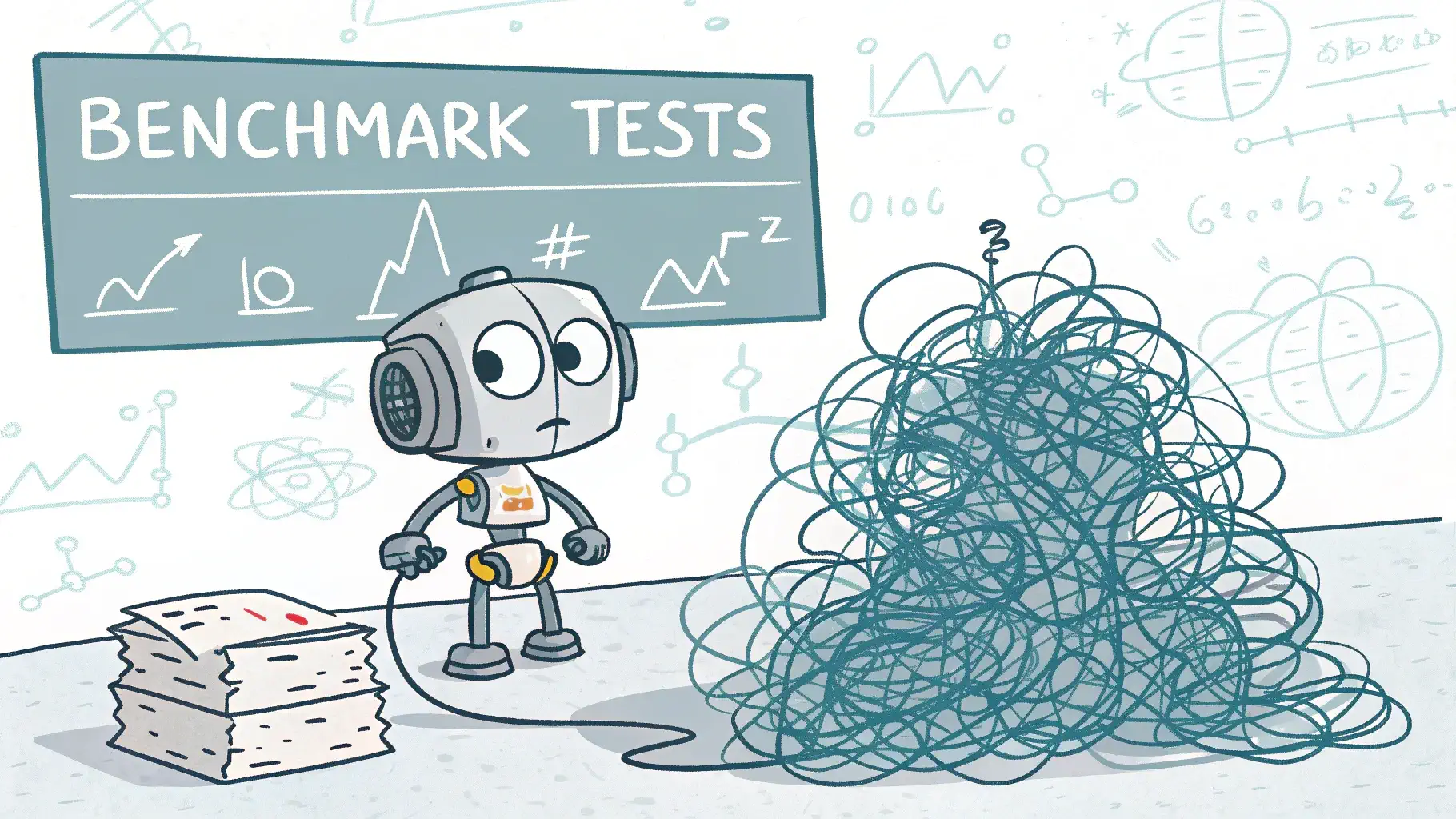 Былыққан сымдар үйіндісі мен «Benchmark Tests» деп жазылған тақтаның алдындағы күлкілі робот.