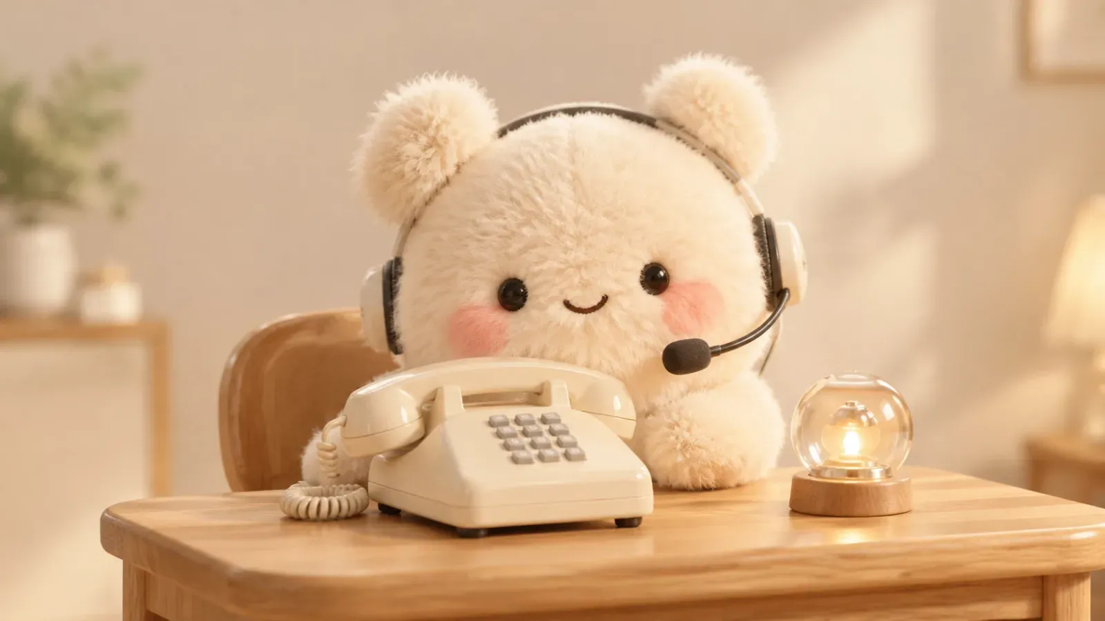 Plush Tun in a headset sits at a cream telephone, a glass orb that counts calls glows beside it