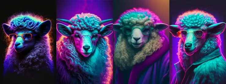 Запрос: A retrowave portrait of a sheep with glasses, — ar 2:3