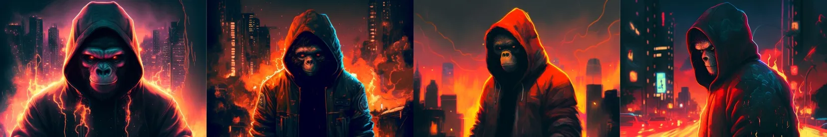 Запрос: An ape wearing a hoodie, looking into the camera, city in flame behind him, retrowave, — ar 3:2
