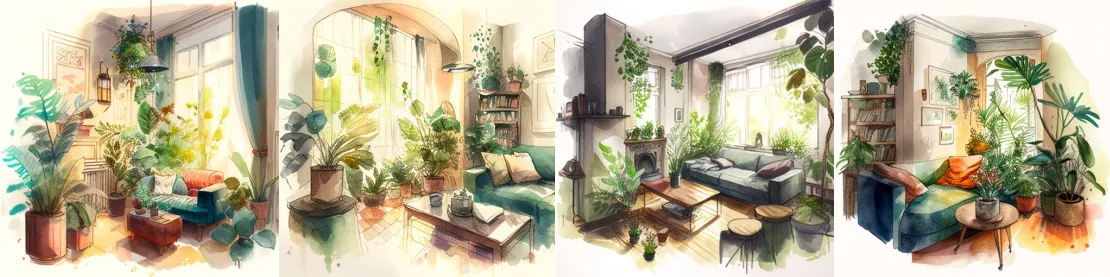 Запрос: Watercolor sketch of a living room with lots of plants