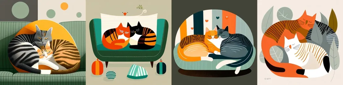 Запрос: 2 cats snuggling with each other on the sofa, in the style of Charley Harper
