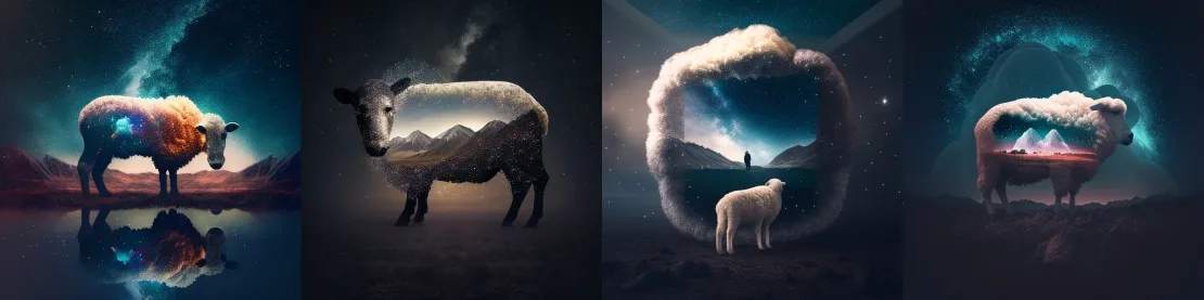 Запрос: Double exposure of landscape and a sheep