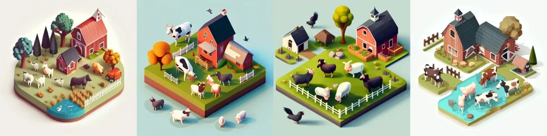 Запрос: A beautiful farm with cows, pigs and chickens, isometric illustration