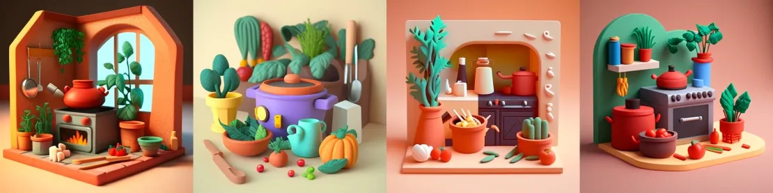 Запрос: Plasticine kitchen with plants, cooking pots and vegetables