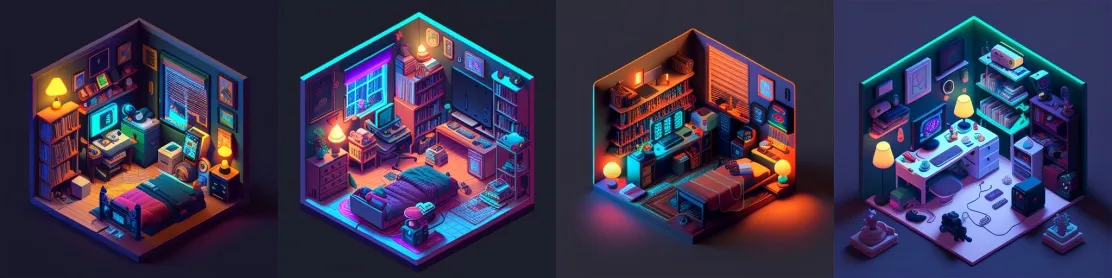 Запрос: A gamer’s room with neon lightings, 32 bit isometric