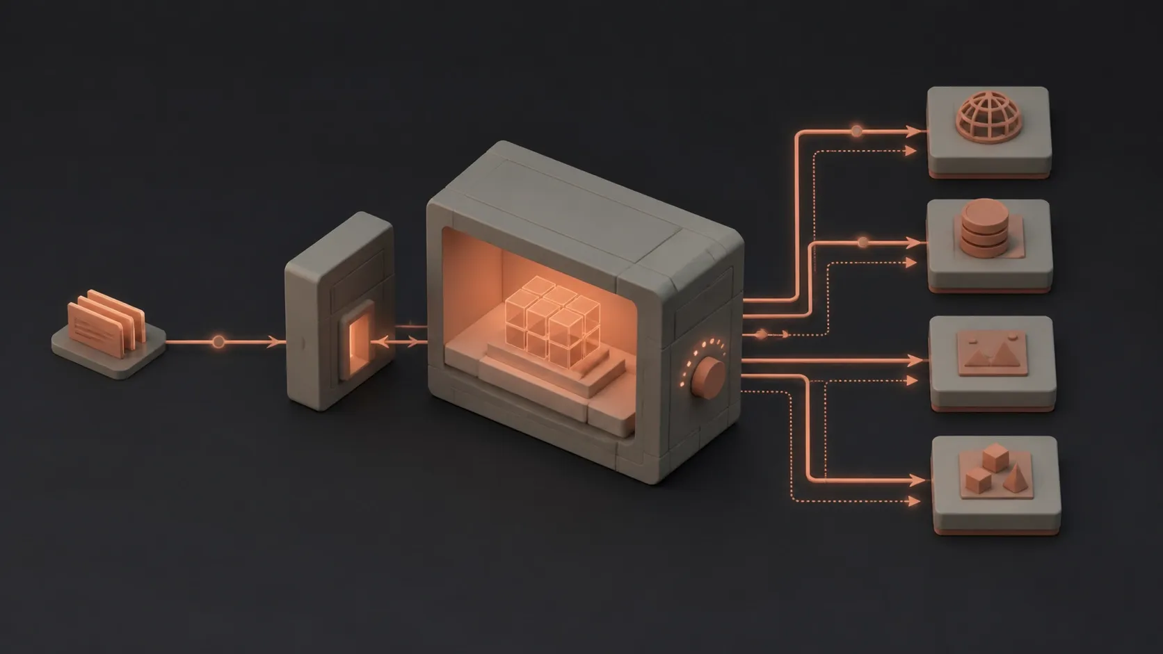 Diagram: a request passes through a gateway to the model, whose reasoning chamber is always lit and has a depth dial; tools answer from the side
