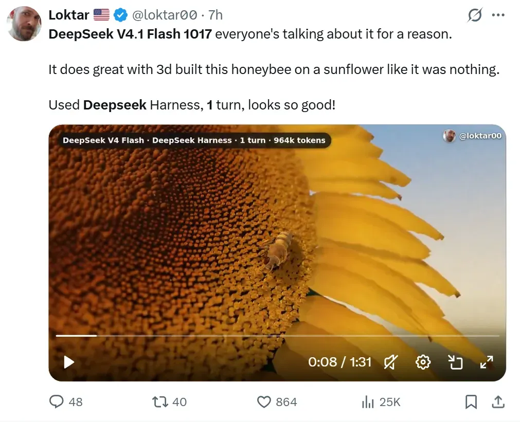 Screenshot of an X post: a frame from a video of a 3D scene where a honeybee sits on a large sunflower, with the finely patterned center of the flower and yellow petals against the sky. The caption reads: DeepSeek V4 Flash, DeepSeek Harness, 1 turn, 964k tokens