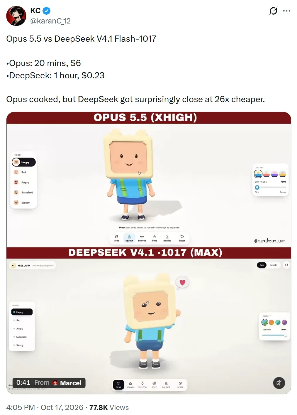 Screenshot of the post: two scenes with the same 3D character with a square head in a blue T-shirt. Top, Claude Opus 5.5 (xhigh), bottom, DeepSeek V4.1 Flash 1017 (max). In both there is a mood panel on the left, outfit choice and a softness slider on the right, and action buttons at the bottom. The post text states the spend: Opus 20 minutes and $6, DeepSeek 1 hour and $0.23