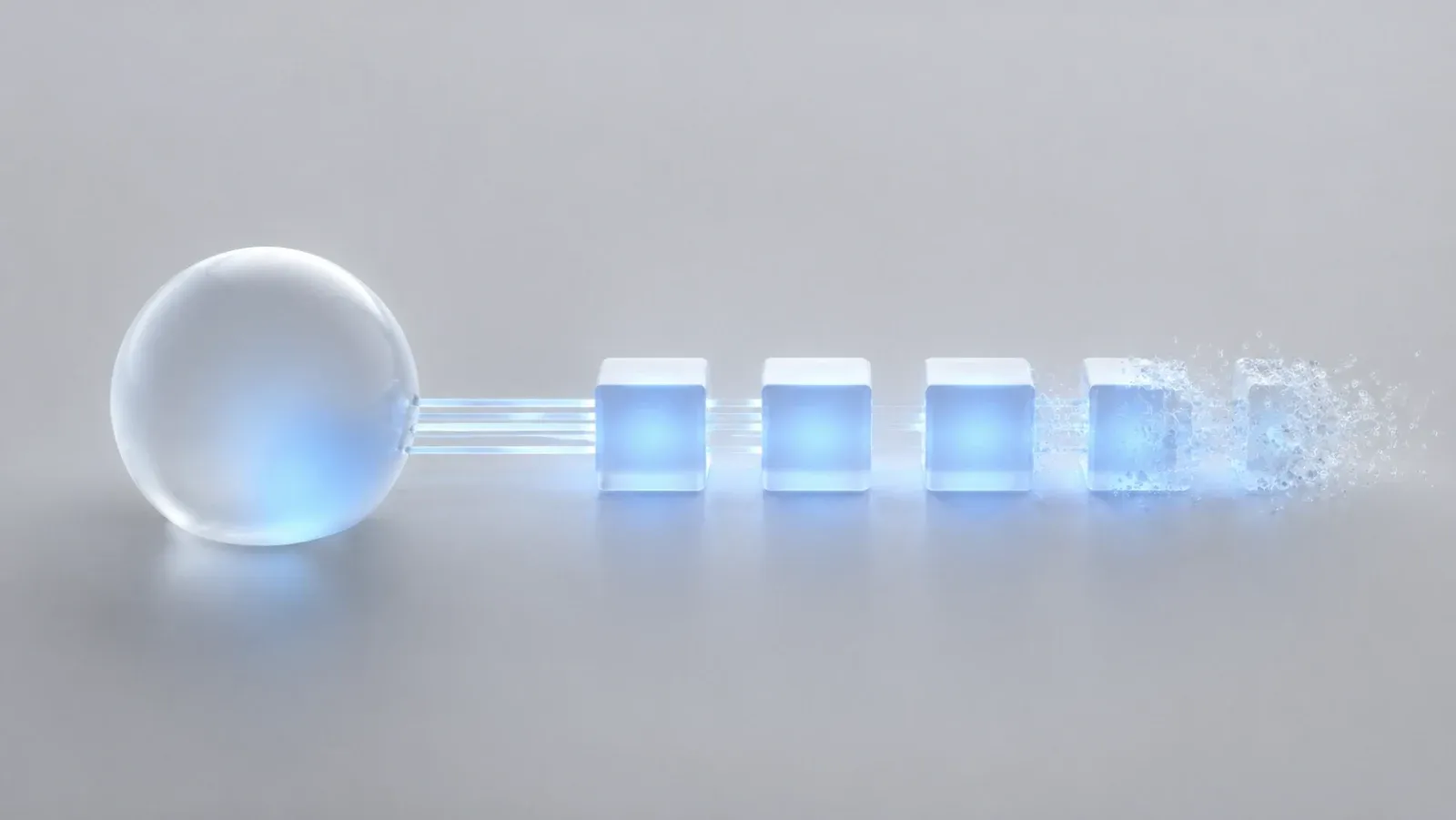 Schematic illustration: a large glass sphere verifying a row of glass cubes, the last of which crumble into dust