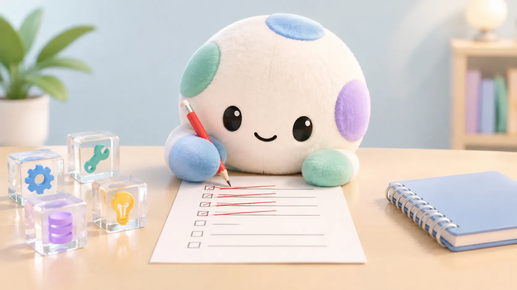 Plush Tun crosses out items in an old checklist and writes new ones, with glass cubes showing tool icons nearby