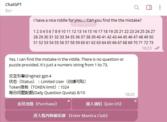 A Telegram bot service claims to run on GPT-4, but is actually running on GPT-3