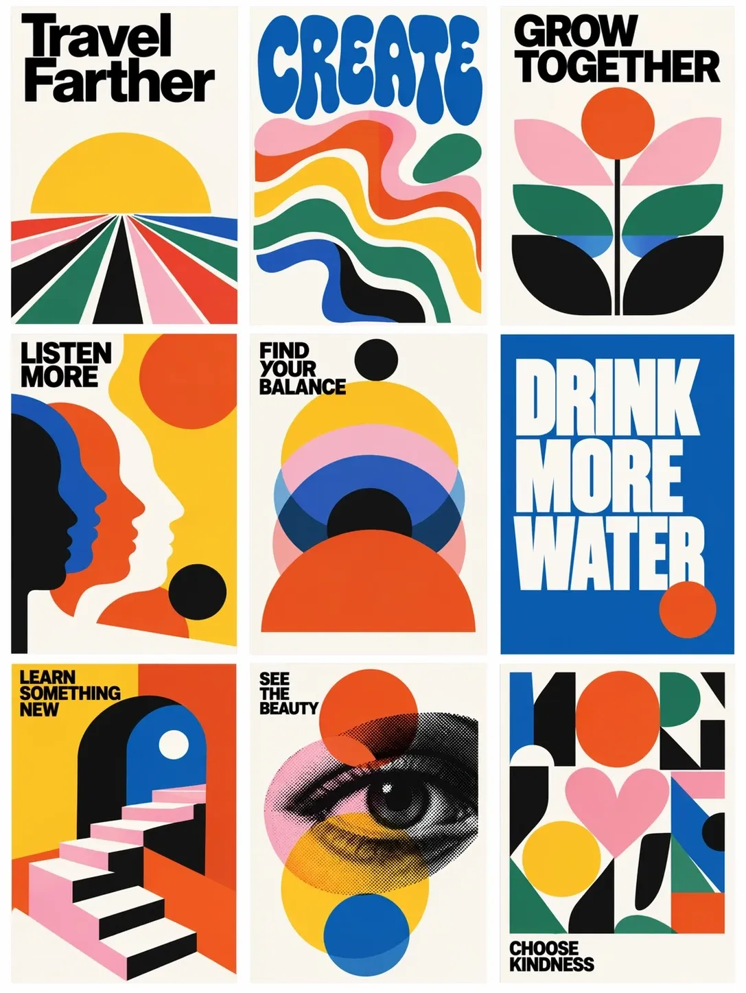 Девять постеров в стиле mid-century modern с короткими надписями: Travel Farther, Create, Grow Together, Drink More Water и другими