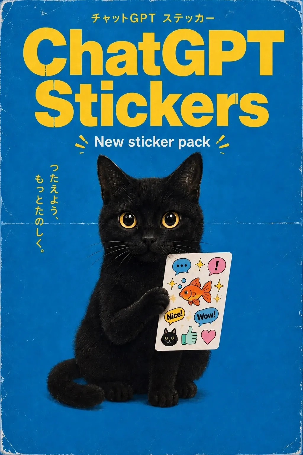 Постер стикерпака ChatGPT Stickers: чёрный кот держит лист с наклейками, заголовок на английском и подписи на японском