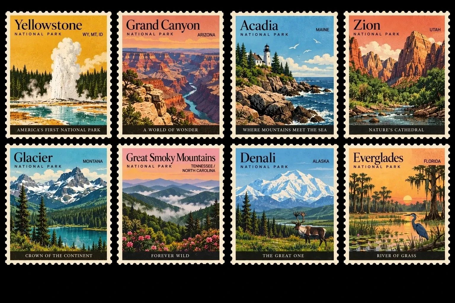 Восемь винтажных почтовых марок с национальными парками США: Yellowstone, Grand Canyon, Acadia, Zion, Glacier, Great Smoky Mountains, Denali, Everglades