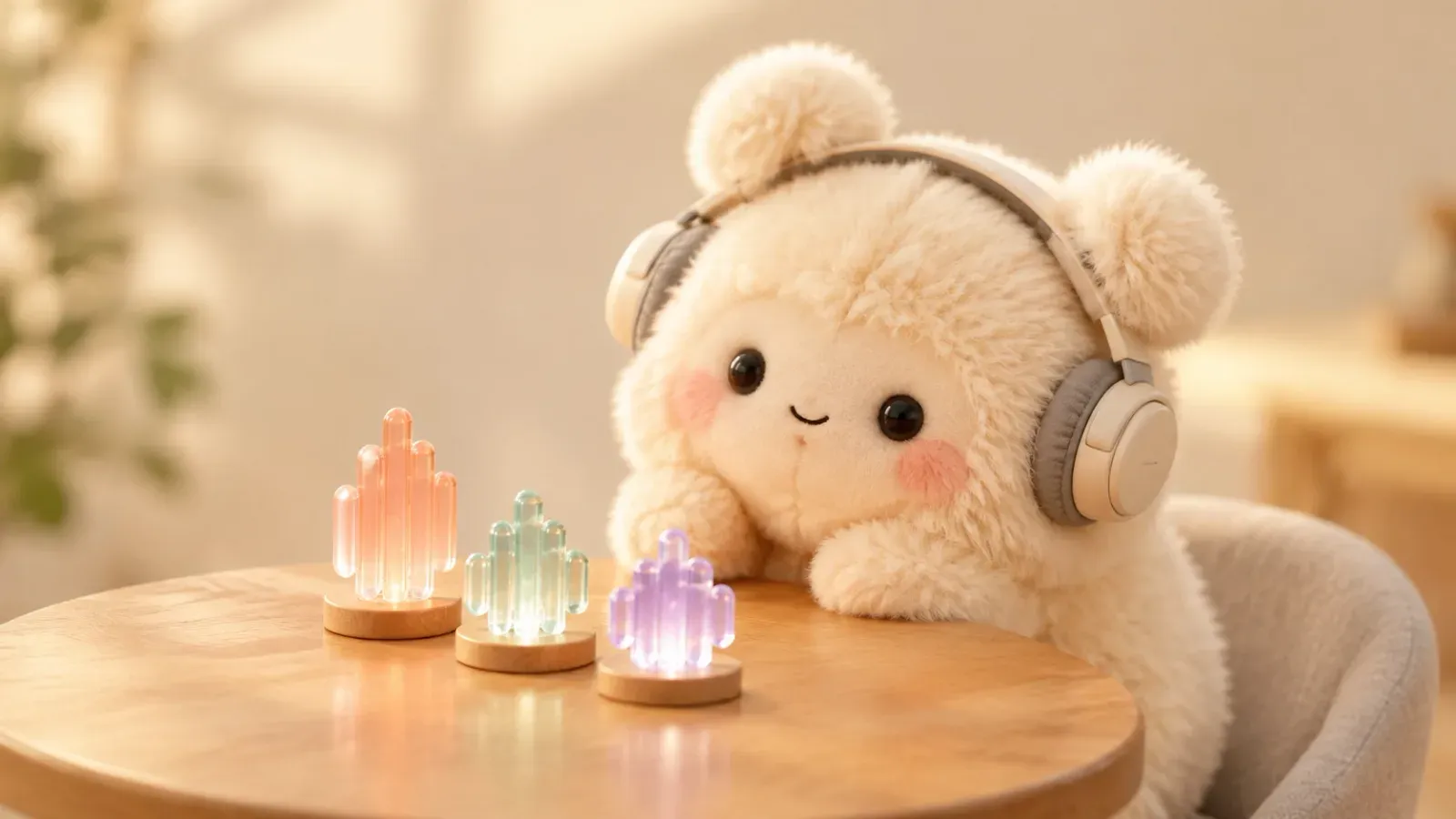 Plush Tun in headphones listens to three glass sound waves of different colors and heights: Grok Voice 3.0 and its competitors