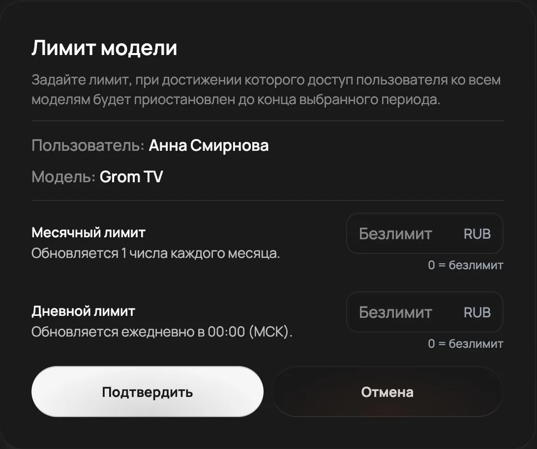 Окно «Лимит модели»: месячный и дневной лимит в рублях