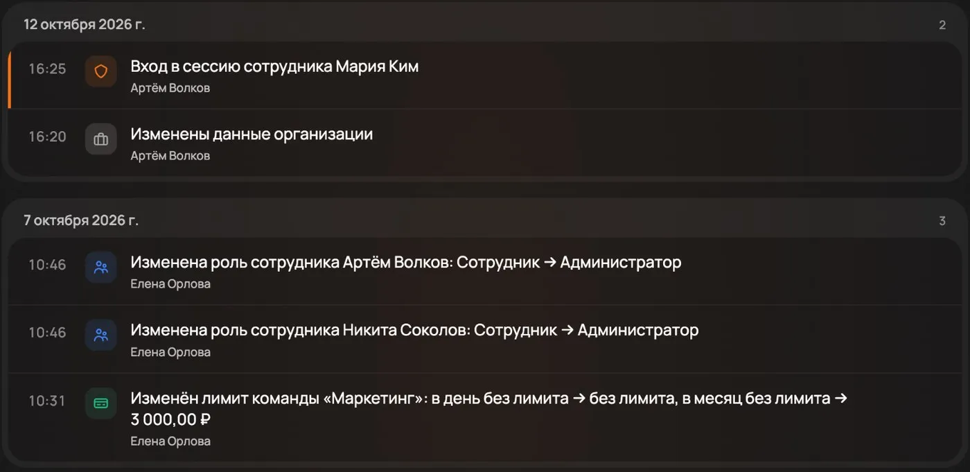 Журнал событий: изменения ролей и лимитов