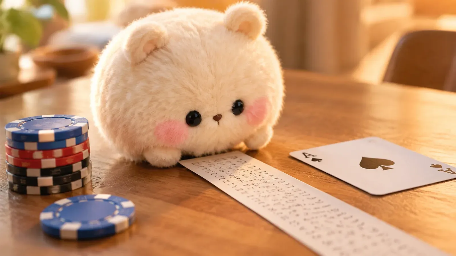 Plush Tun studying a paper strip with thirty lines of code next to poker chips and an ace