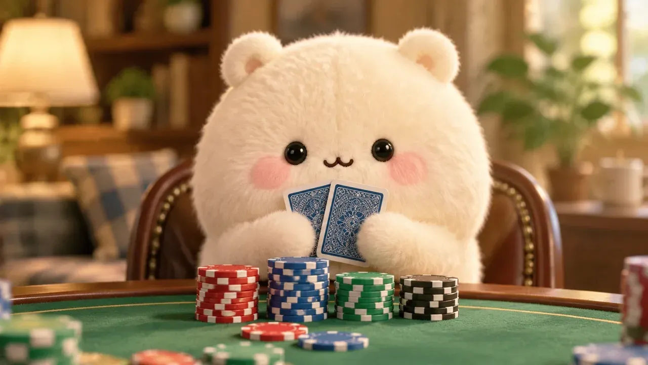 Plush Tun at a poker table holding two cards, with stacks of chips