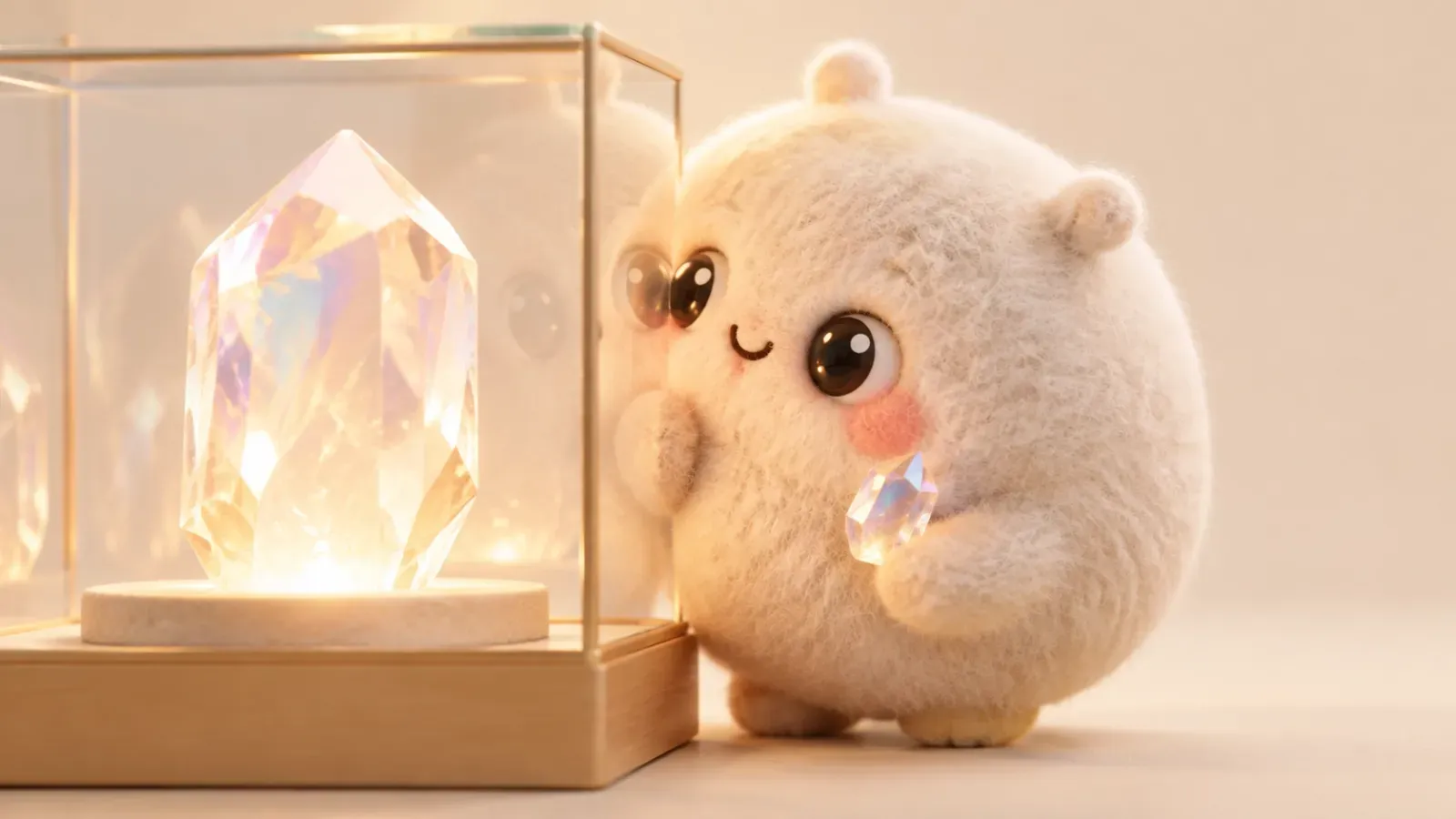 Plush Tun by a display case with a big crystal: the strongest version, Muse Wonder Full, is subscription-only