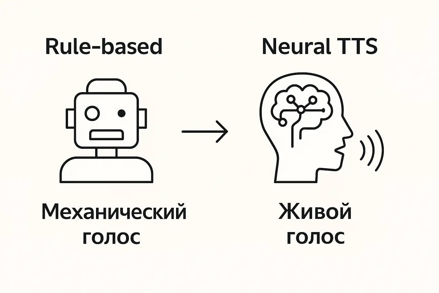 Diagram: transition from rule-based mechanical voice (robot icon) to Neural TTS lifelike voice (icon of a head with a brain circuit and sound waves).
