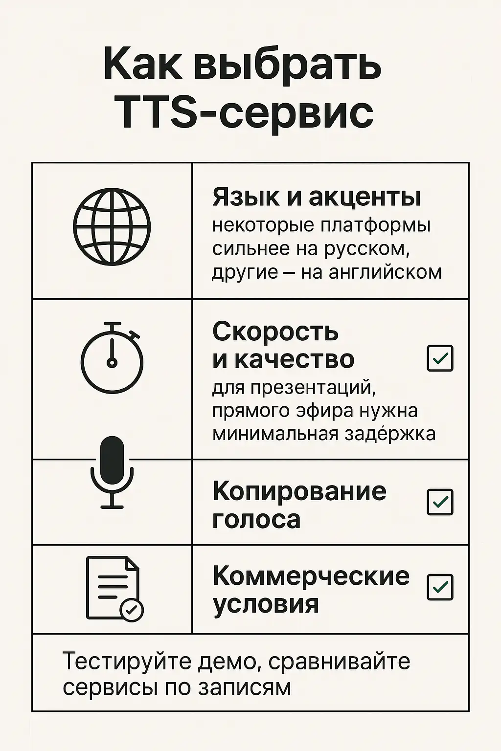Infographic "How to choose a TTS service": a table with icons (globe, stopwatch, microphone, document) and criteria — language and accents, speed and quality, voice cloning, commercial terms; a tip at the bottom to test demo recordings.