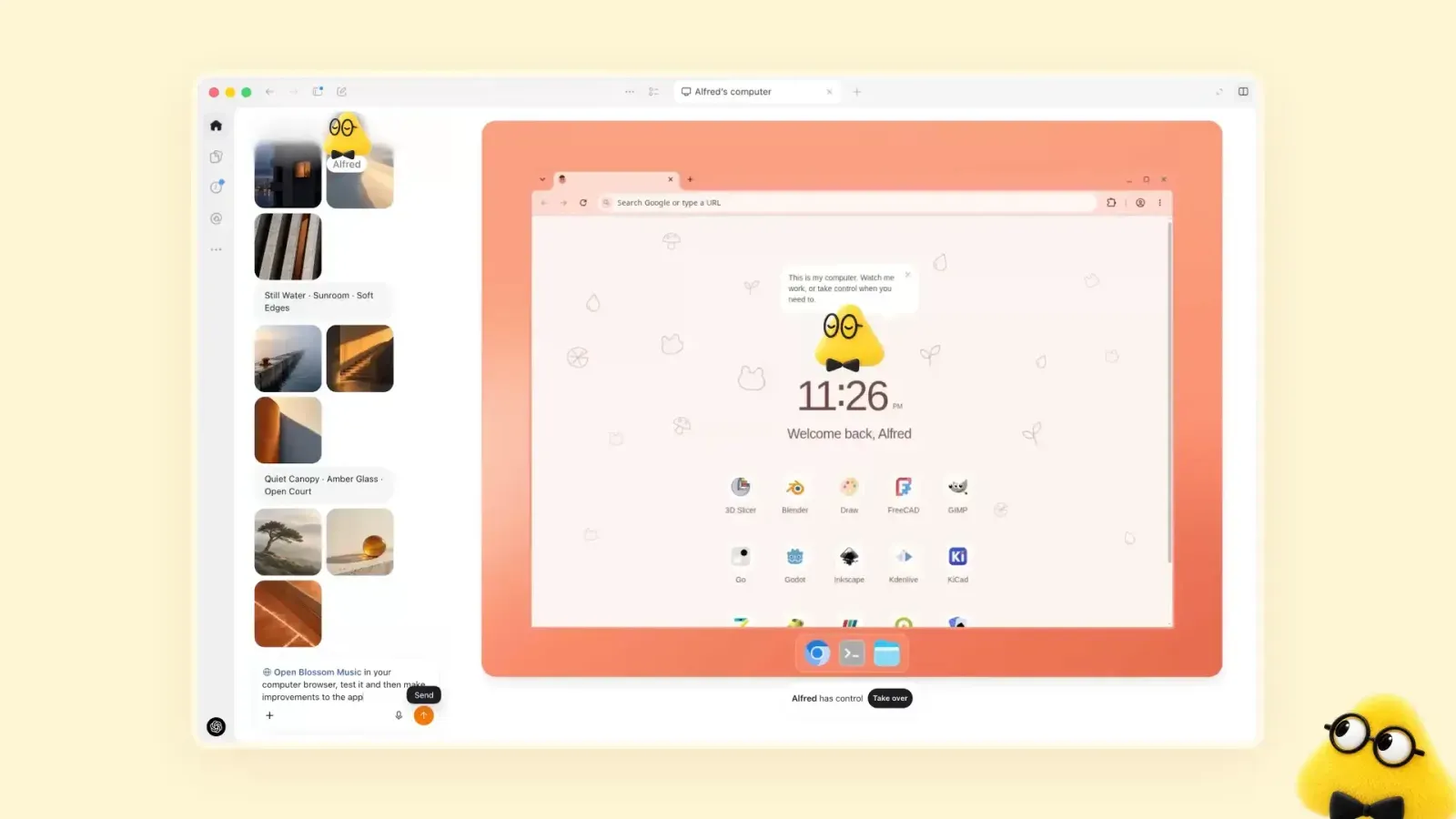 Dots интерфейсі: сол жақта агенттің тапсырмалар легі, оң жақта оның бұлттық компьютерінің жұмыс үстелі