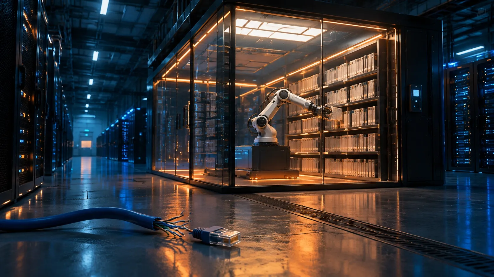 A server rack inside a sealed glass room, a robot arm browsing an archive of web pages, a cut network cable on the floor outside