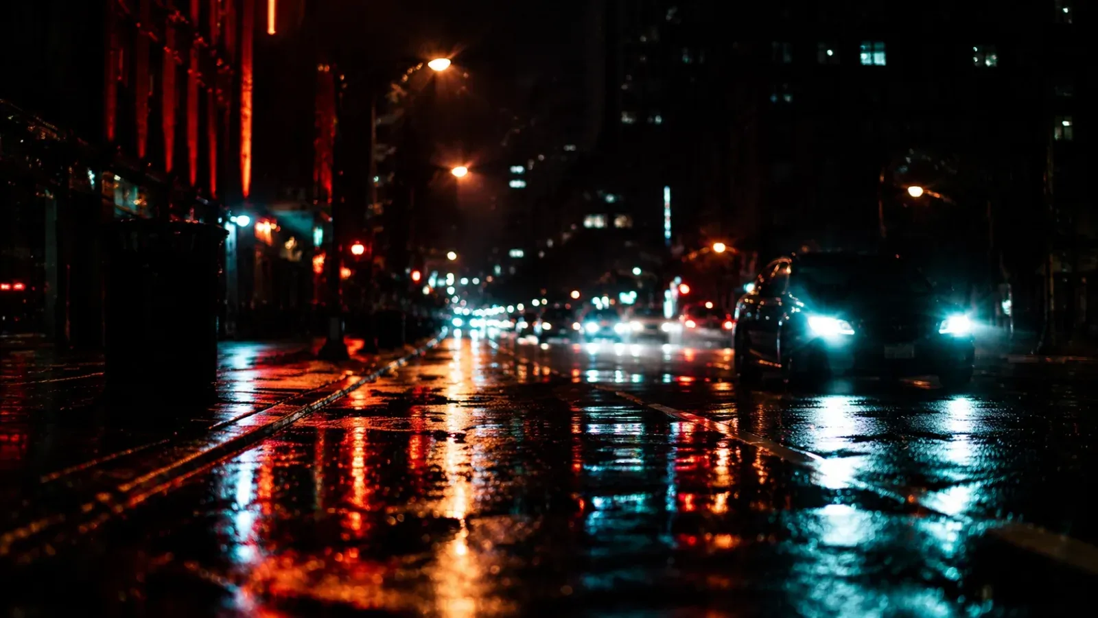 Abstract colourist grading frame: a dark scene with bright point light sources