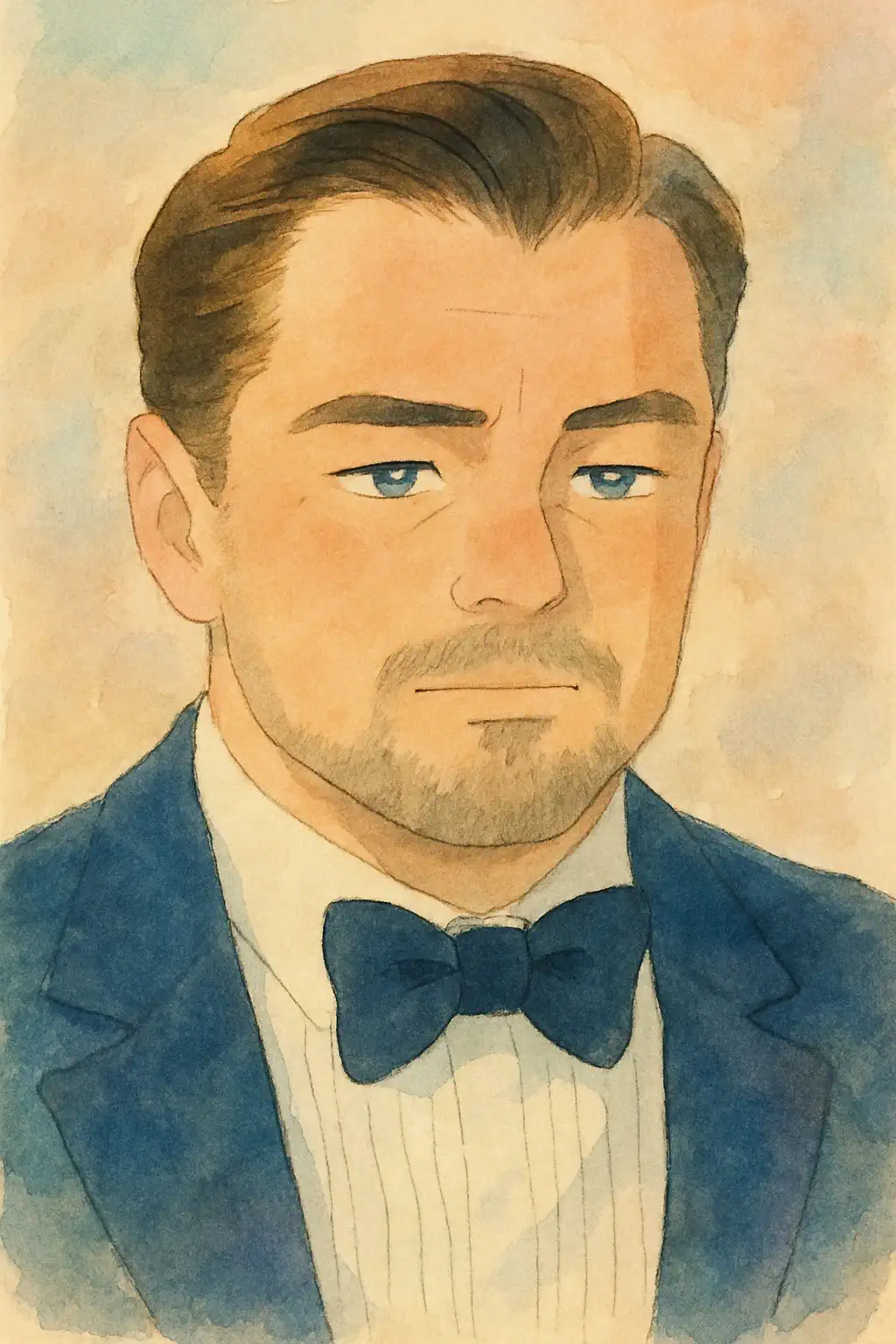 Watercolor portrait of a man in a tuxedo and bow tie, rendered in the soft pastel technique of the Ghibli anime studio.