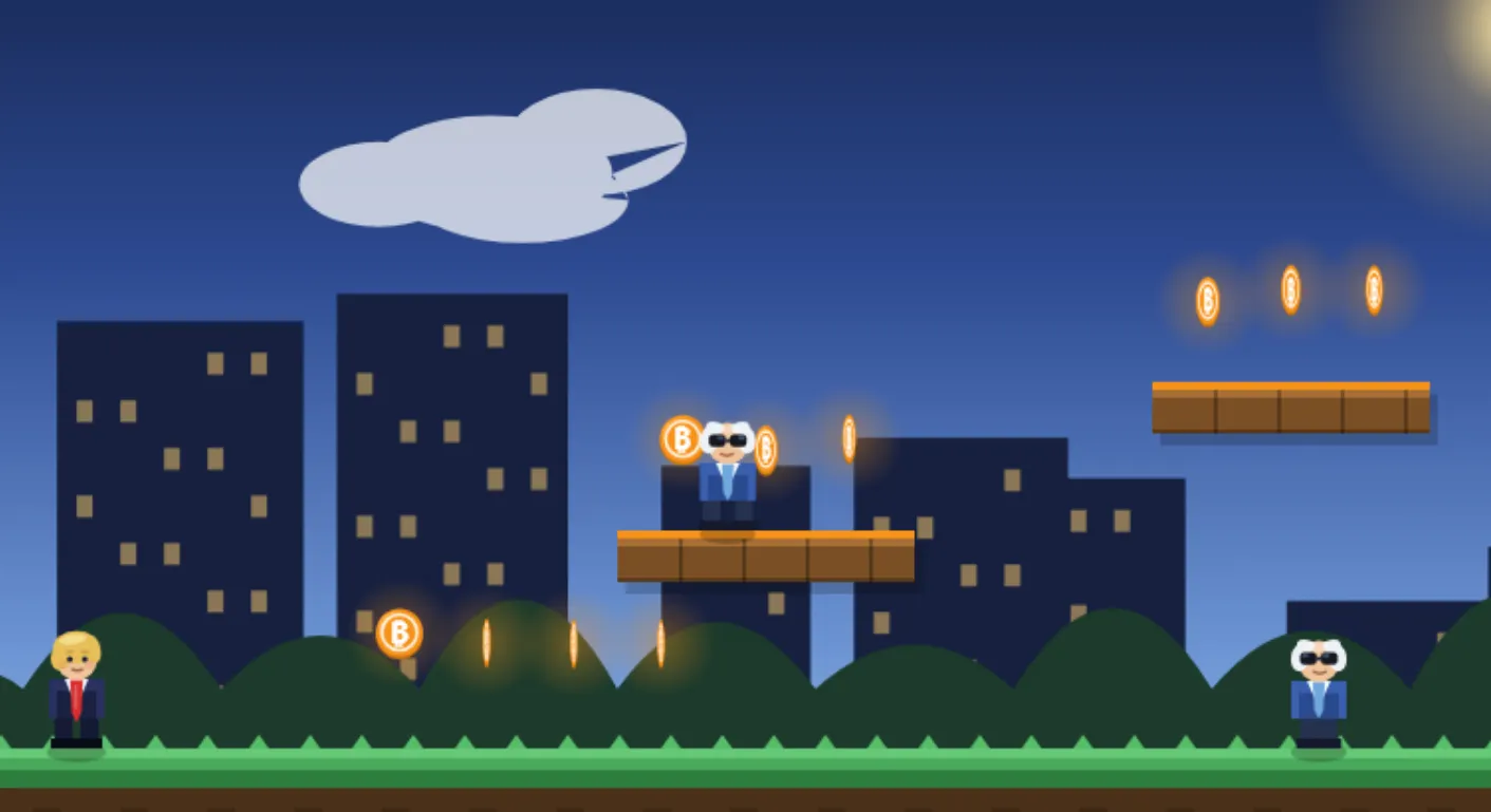 A browser platform game generated in DeepSeek: a character, bitcoin coins, and enemies on platforms.
