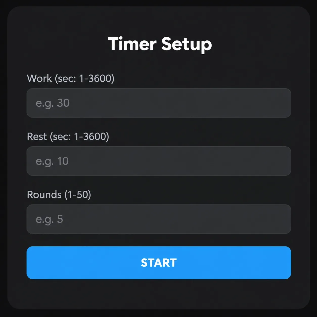 English interval timer setup screen with fields for work, rest, and rounds, and a blue Start button.
