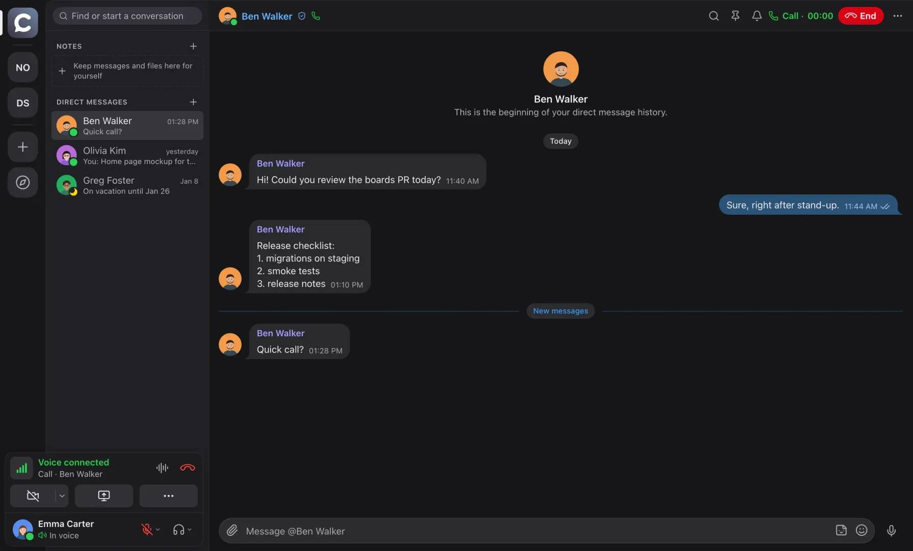 A one-on-one call in Calab direct messages: “Call · 00:00” and the “End” button in the header, the voice panel at the bottom