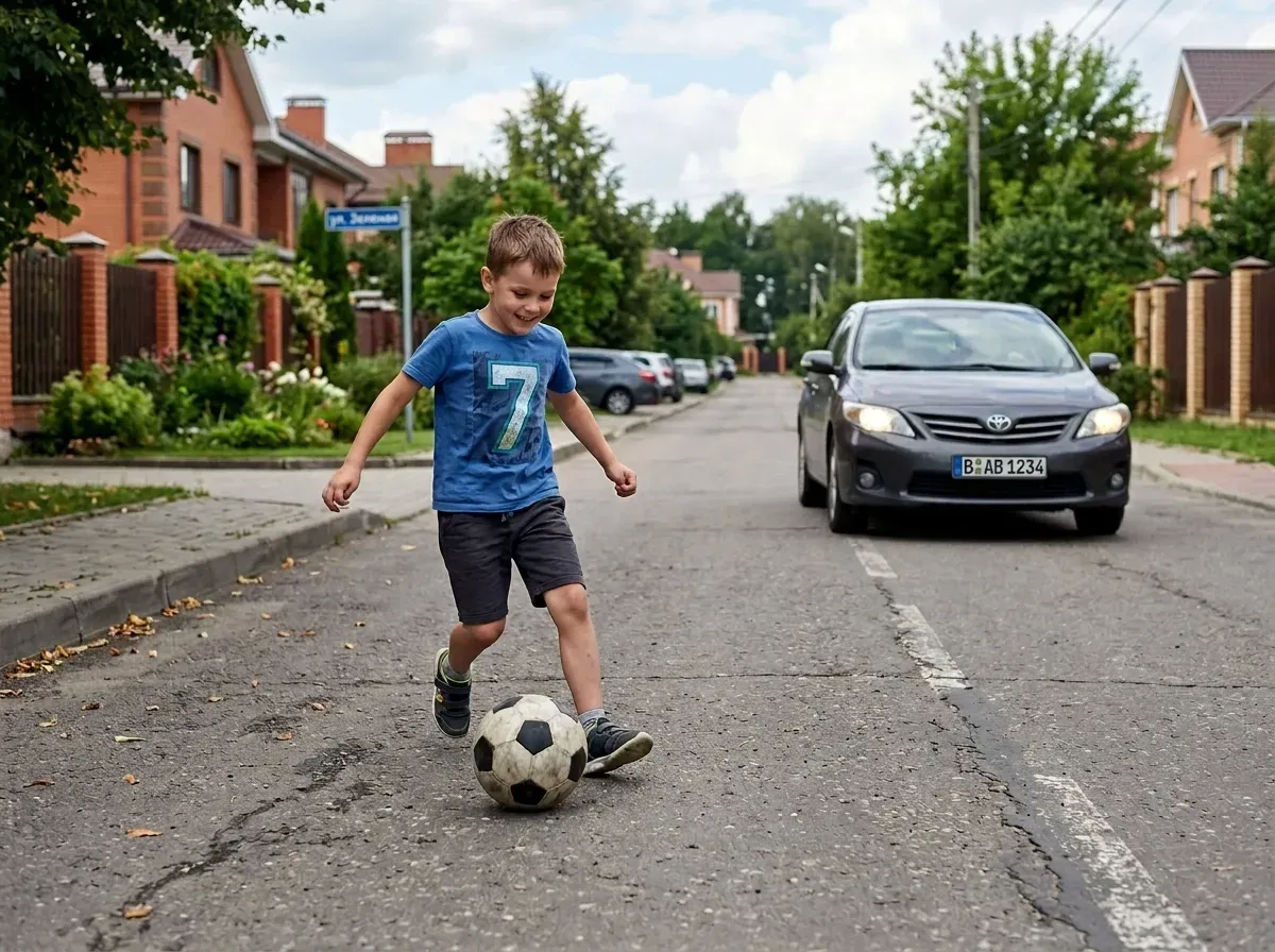 A boy dribbling a ball on the roadway with a car approaching behind him