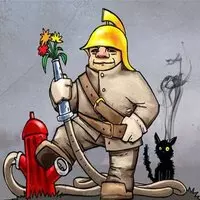 Картинка с рисунком пожарного с цветами и котом