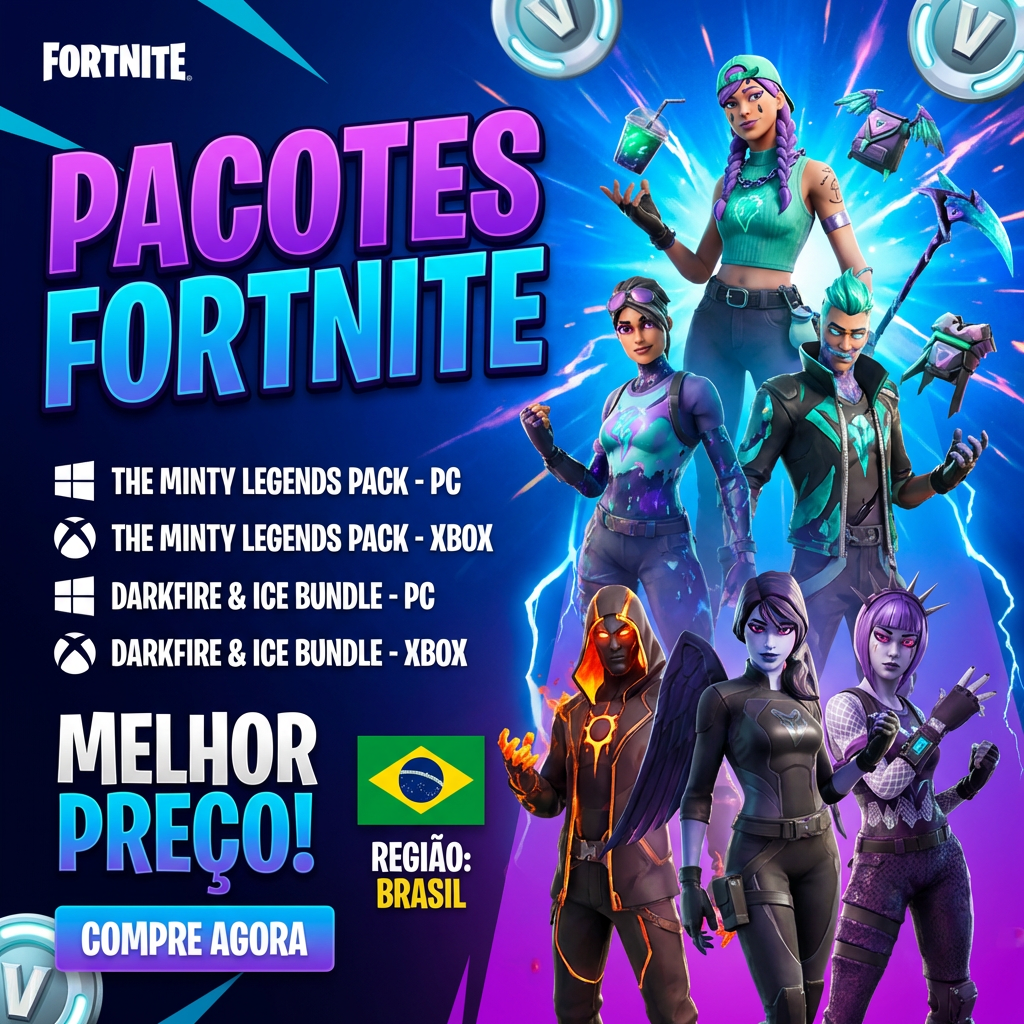 🎮 Fortnite: Pacote Lendário | Pacote Lendas Minty / Pacote Fogo Sombrio e Gelo | Xbox / PC | Brasil Jogo