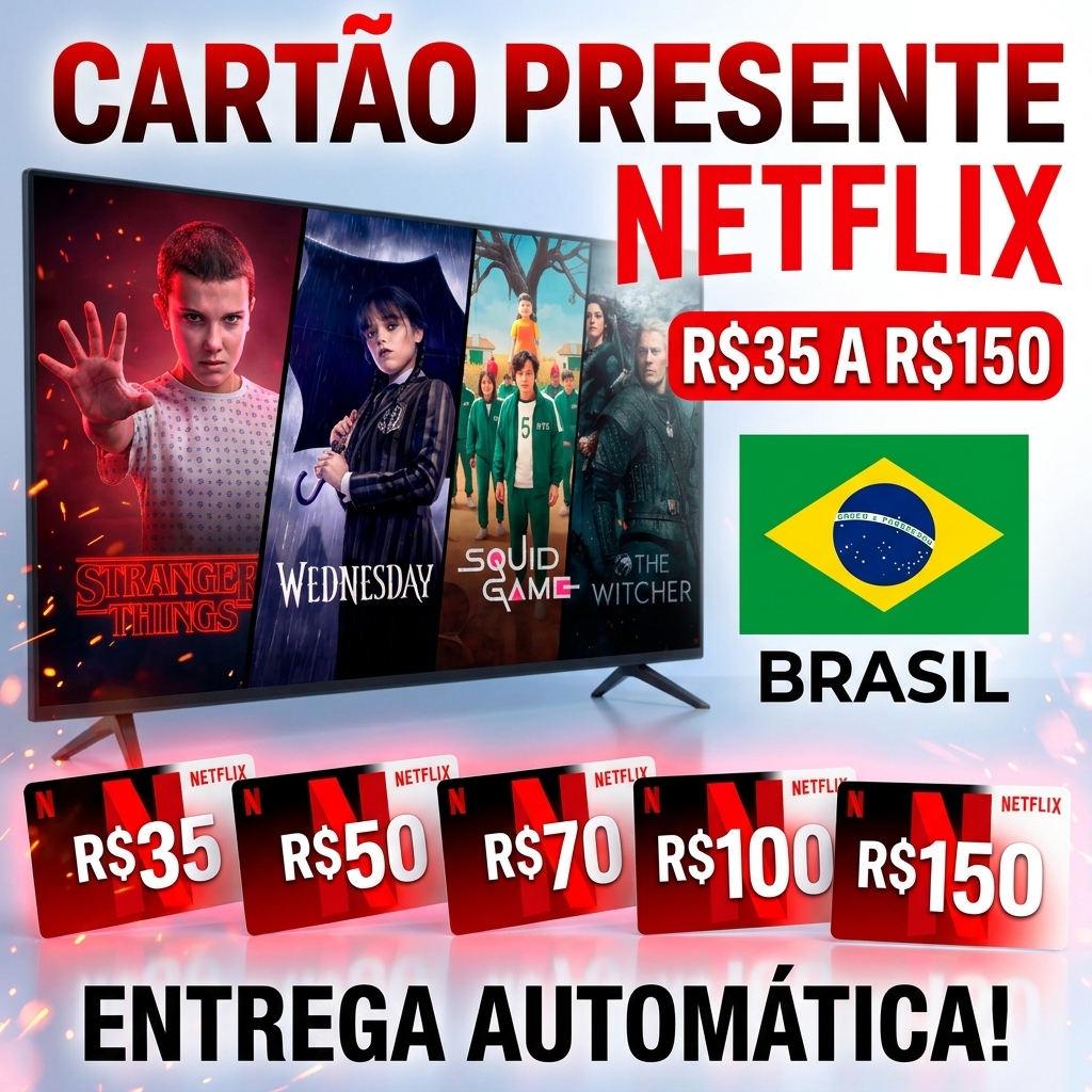 🎬 Netflix Gift Card Brasil - 35, 50, 70, 100 ou 150 BRL com autodelivery ⚡ Plataforma