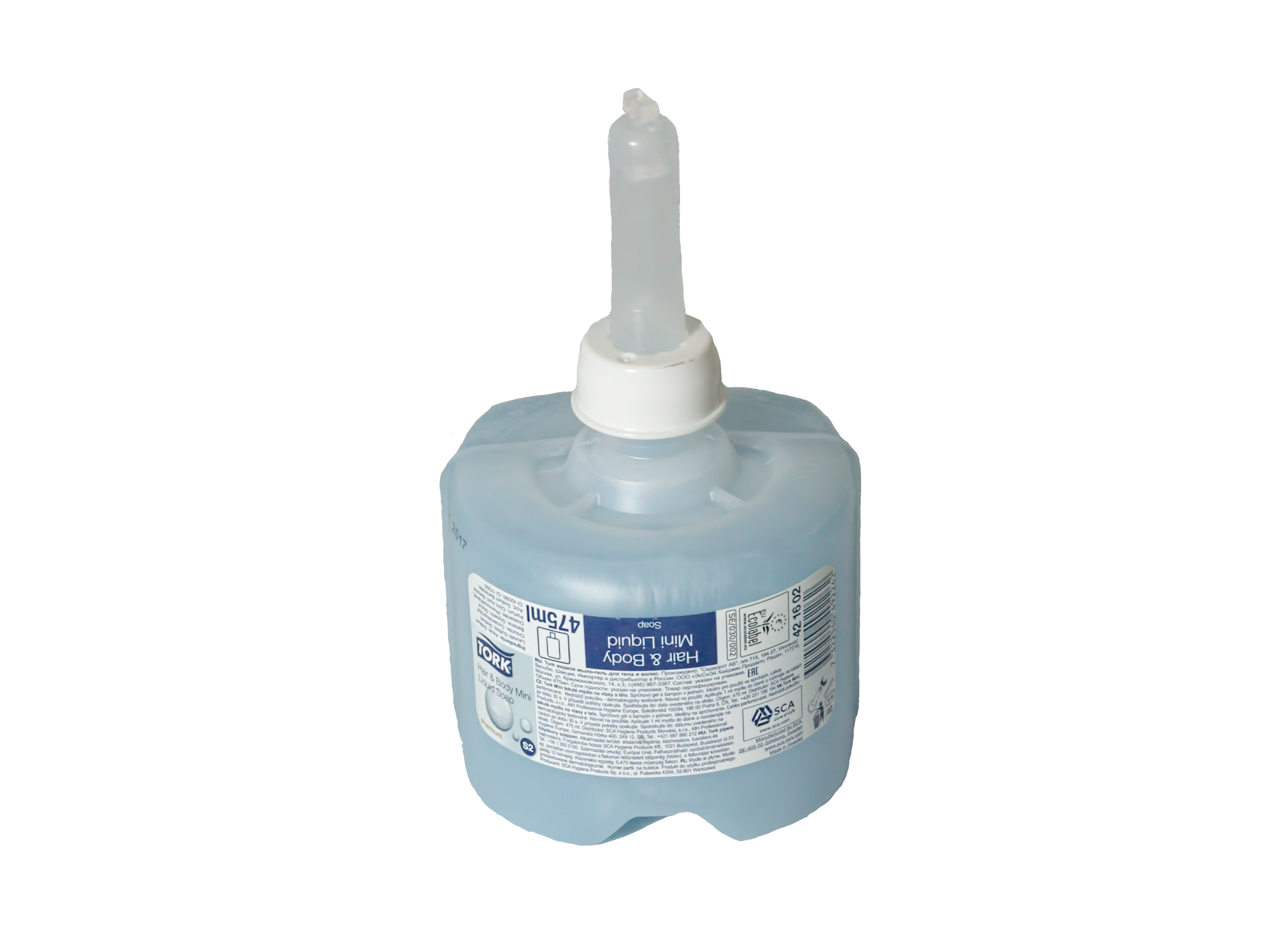 Мыло жидкое для рук картридж TORK S2 Premium мини гель для тела и волос синее 0,475 л (арт 420602)