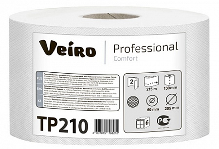 Туалетная бумага в рулоне VEIRO Professional Comfort 2 слойная белая с центральной вытяжкой 215 м (артикул производителя ТP210)