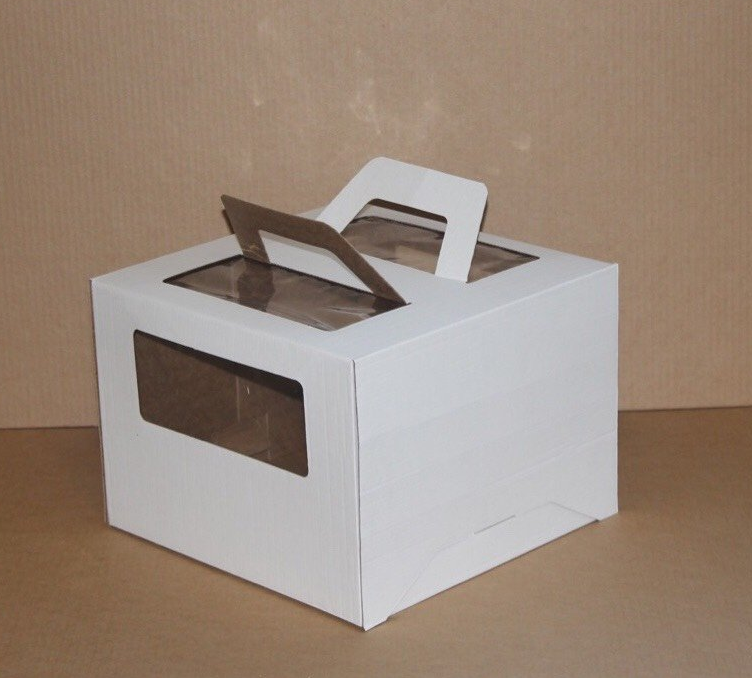 Коробка для торта с окном и ручками белая 300x300x190 мм картон 