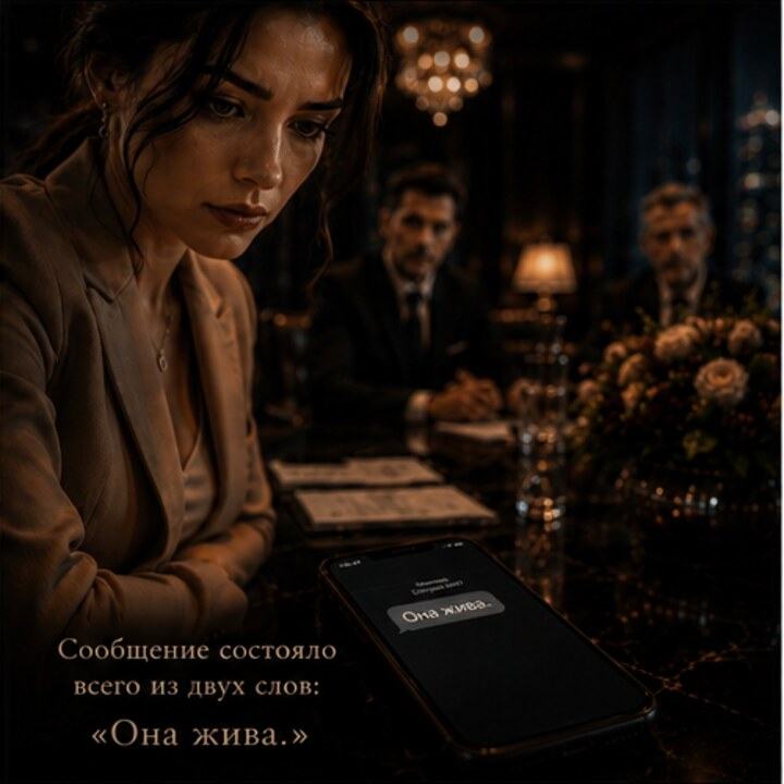 Алина смотрит на экран телефона, где светится сообщение «Она жива.»